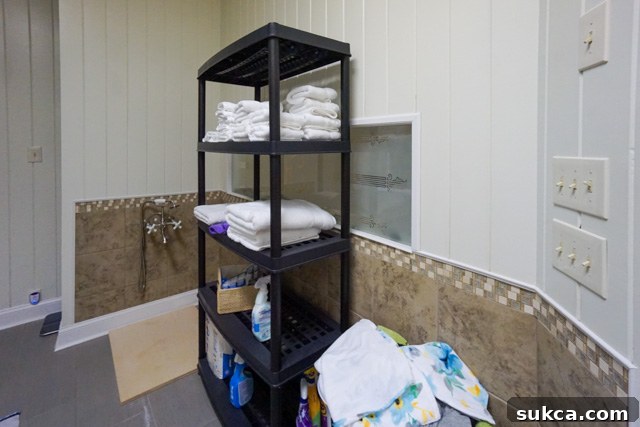 Temporary storage solution offering privacy Master bathroom showing a plastic storage shelf providing privacy from the window