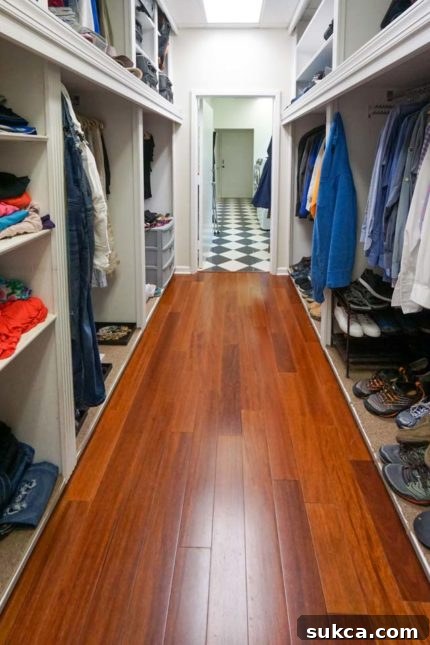 Master Closet: Maximized space, minimal finish Large master closet with plywood shelving and carpet