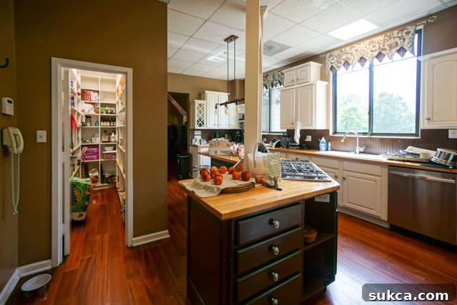 Narrow kitchen and pantry entry Cramped kitchen in the Clinton house with a narrow pantry view