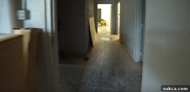 Main hallway connecting workshop areas, outside access, and stairs to loft
