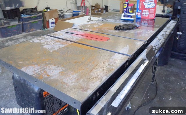 Restored table saw surface Cleaned and waxed table saw