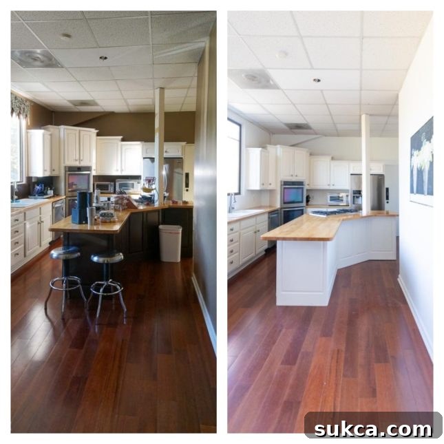 Kitchen Refresh Before and After A stunning side-by-side visual comparison of the kitchen before and after the comprehensive paint refresh, clearly demonstrating the dramatic positive change.