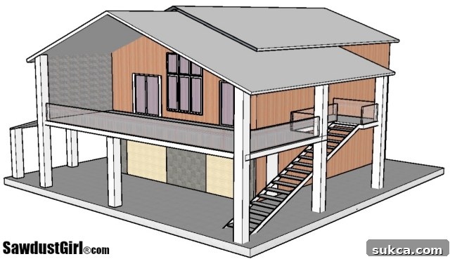 Architectural rendering of the planned deck and stairway leading to the upper level living spaces, viewed from the parking area.
