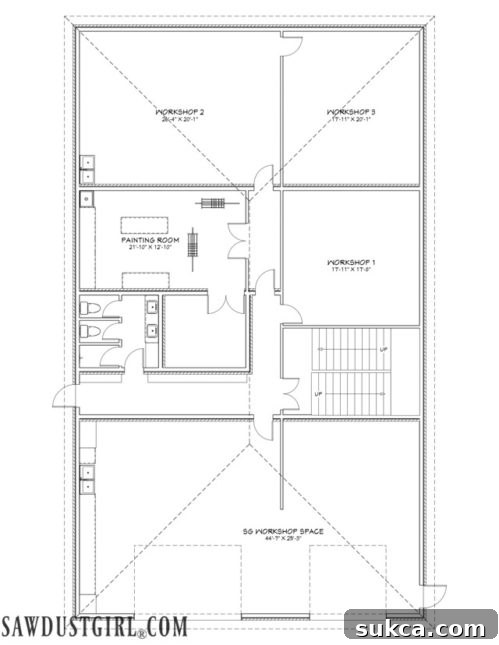 Floor plan showing the layout of the lower level workshop areas, including the three dedicated classrooms for skill-building workshops.