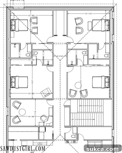 Floor plan rendering showing a potential layout for four large guest suites, each with a private bathroom.