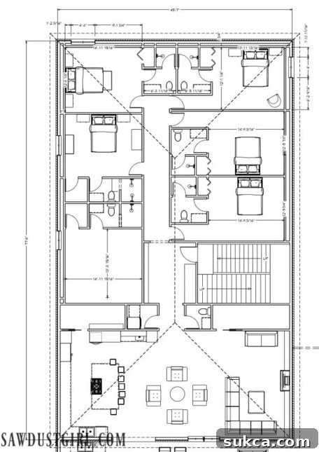 Floor plan rendering presenting an alternative layout for six smaller, yet well-appointed guest suites, each with a private bath.