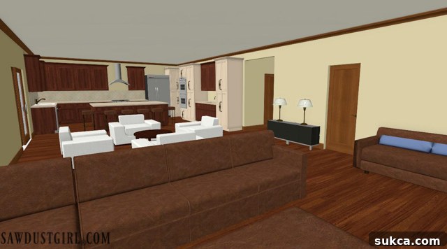 Rendered floor plan detailing the layout of the gathering room, kitchen, laundry, and powder room on the upper level.