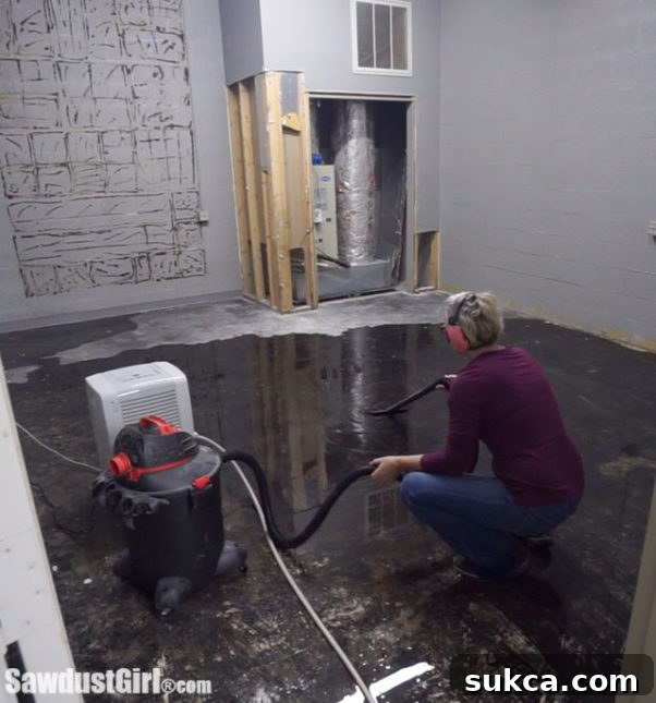 Workshop Water Leak Damage Water damage inside the workshop, showing pooled water and affected areas from a persistent leak.