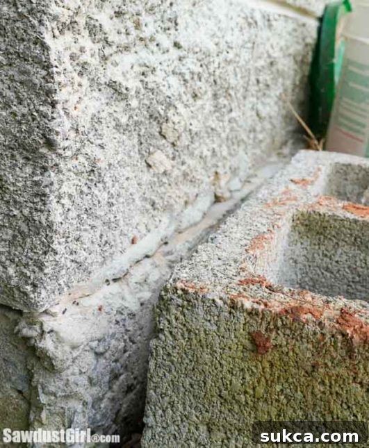 Uneven Mortar Joint Close-up of poorly tooled mortar joint on the block wall