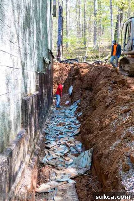 French Drain Pipe Installation Installing the perforated pipe for a new French drain