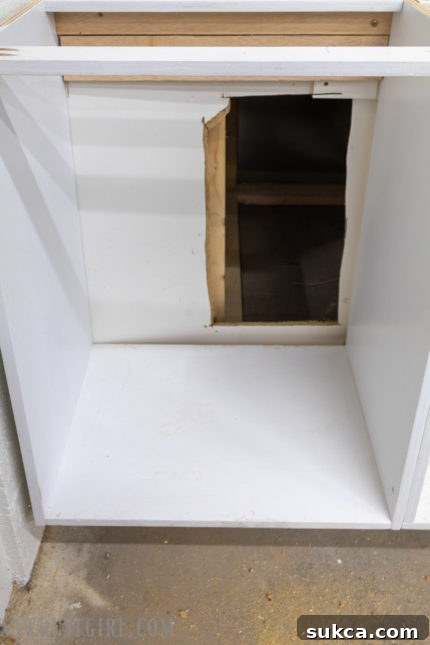 Interior view of the cabinet with air return cut-out