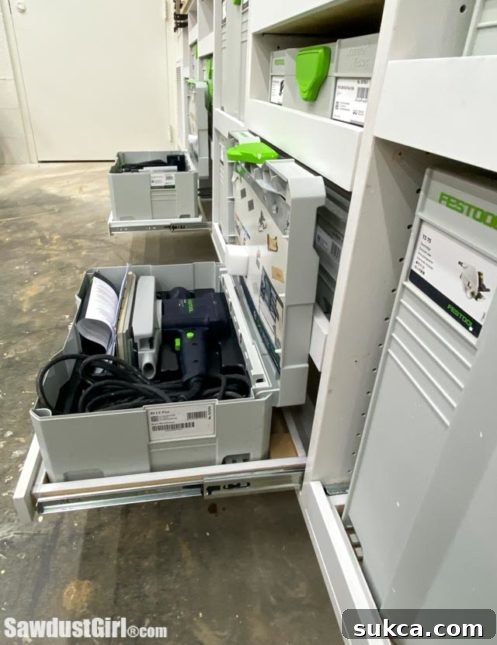 Initial drawer design showing MDF scraps used to prevent Systainer from sliding back.