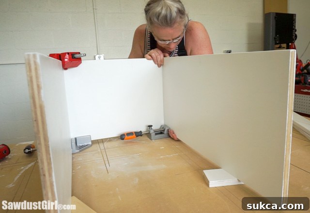 Using 90-degree corner clamps during cabinet assembly.