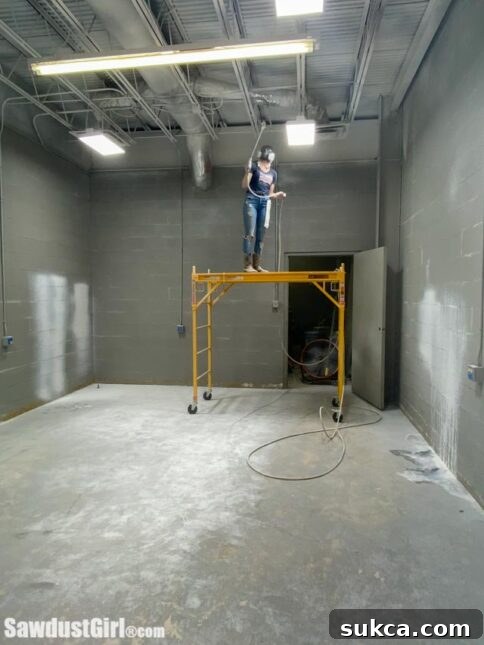 A view inside the workshop showing ongoing construction.