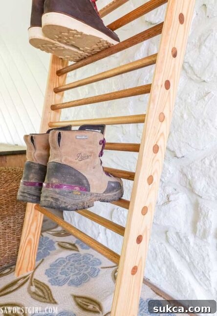A mix of shoes and work boots utilizing the ladder's vertical space