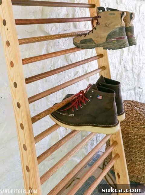 Everyday shoes and boots easily accessible on the stylish wooden ladder