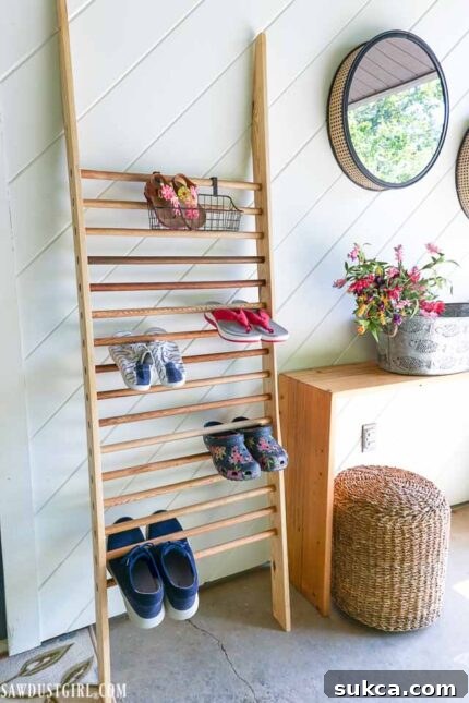 Close-up of the finished DIY shoe ladder with shoes neatly organized