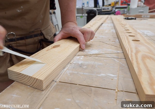 Close-up of woodworking tape applied between the two ladder legs