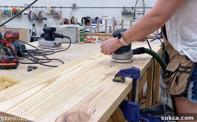 Craft Your Own Bench with Integrated Boot Storage 14 Final sanding of the benchtop before staining