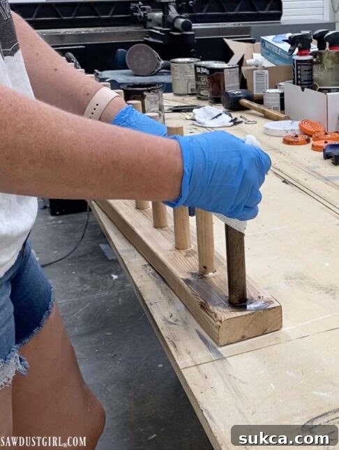 Craft Your Own Bench with Integrated Boot Storage 22 Staining the dowels on the boot rack