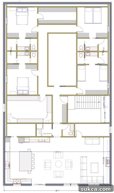 Initial upstairs layout plan for Build & Breakfast guest suites and temporary owner living space, showing various room configurations.