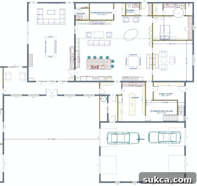 Proposed main floor plan of the house with the new Guest Wing addition, including garage, pantry, and guest entry.