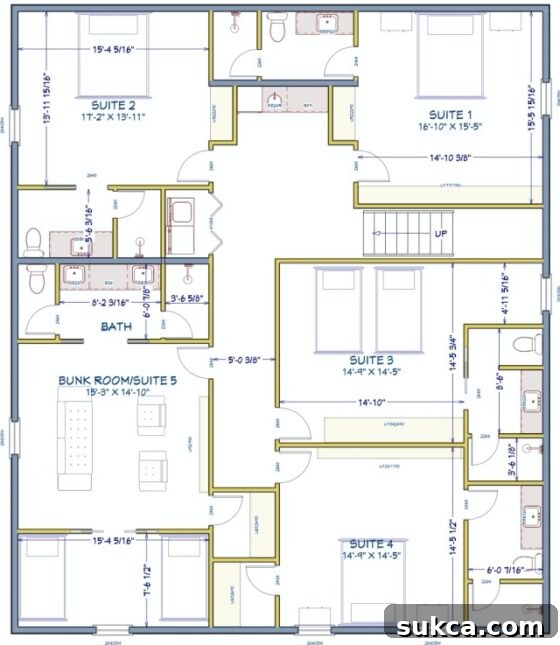 Upstairs bunk room option 1, featuring a private, closable bunk area with space for 4-6 beds.