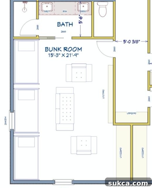 Upstairs bunk room option 2, featuring an open layout with 6 bunks and communal seating.