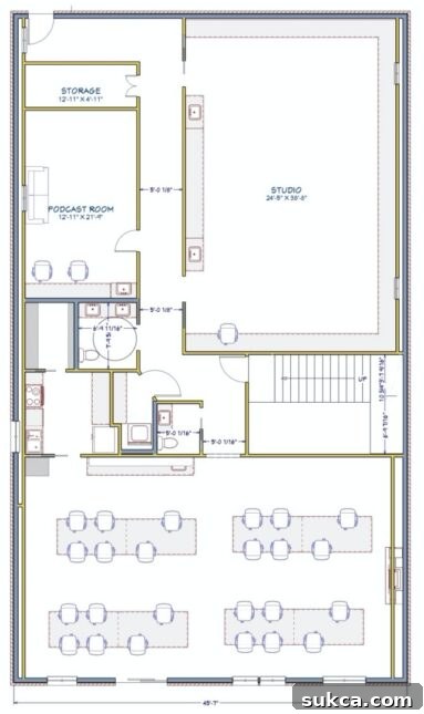 Layout plan for the 3000 sq/ft upstairs Studio and Event Center, showing event space, studio, office, and accessible facilities.