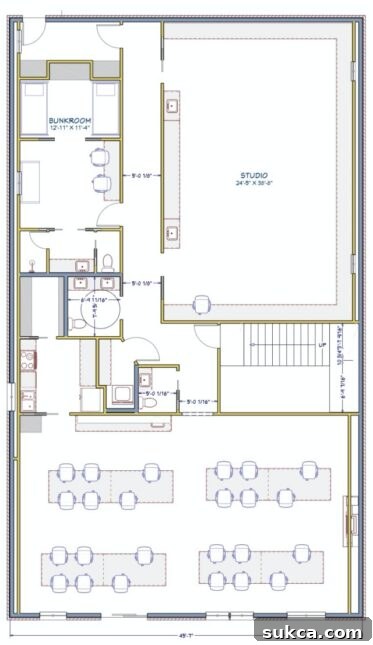 Alternative layout option for potential TV show accommodation within the workshop building.