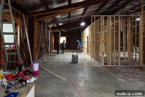 Animated GIF showing the progress of wall framing on the second floor of The Lodge