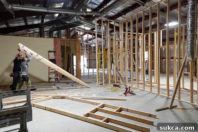 Framed interior walls taking shape within the B&B's studio space