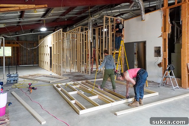 Framing walls for the bedroom, office, and bathroom on the left side of The Lodge