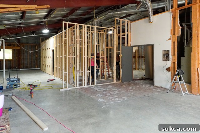 Overview of the second floor's left side, with newly framed rooms