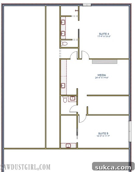 Detailed floor plan of the Lodge's loft level, showcasing two bedrooms, a media room, powder room, and coffee bar, all cleverly designed under a slanting roof for guest suite ideas.
