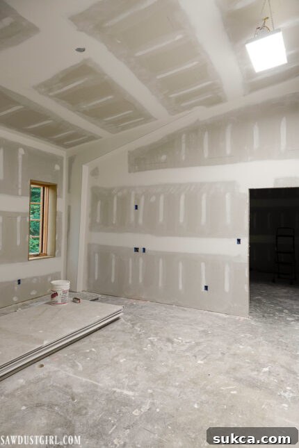 Lodge Drywall Installation Update 5 2 Freshly installed drywall showcasing a completed room in the lodge