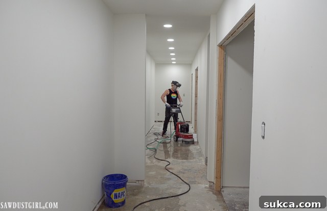 Grinding adhesive off the main floor