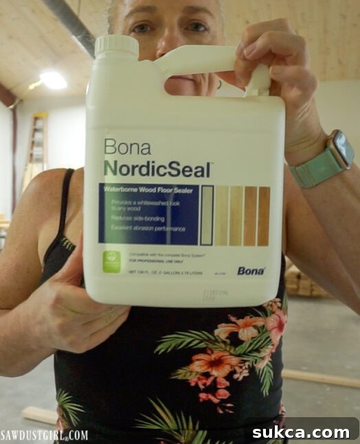 Bona NordicSeal waterborne sealer, used for whitewashing pine ceiling planks