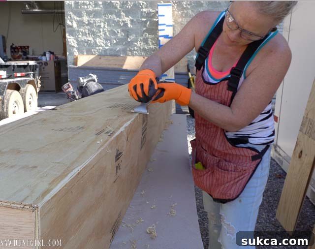 A scraper being used to remove excess glue and begin distressing the corners of a faux beam.