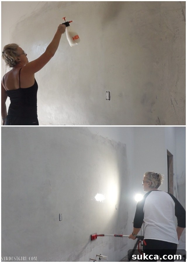 Full view of the sealed concrete kitchen wall, ready for cabinets