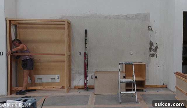 Wide shot of the refrigerator cabinet in place
