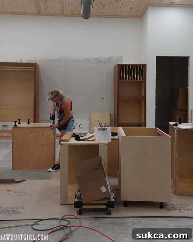 Close-up of island cabinet framing