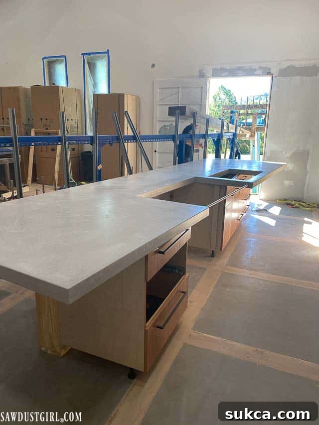 View of the kitchen with new concrete countertops, showing the integration into the overall design.