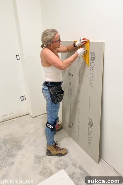 Installation of GoBoard in a shower area, demonstrating the waterproofing process.