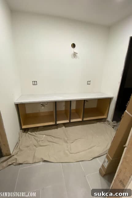 Temporary bathroom setup in The Lodge during construction