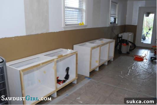 Progress shot of built-in office cabinets with face frames
