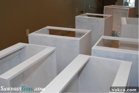 Primer drying on newly built office cabinet bases