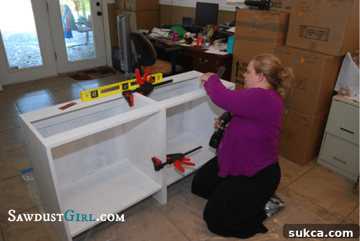 Attaching custom office cabinet bases together for built-in installation