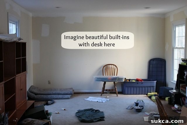 Kelly's living room before renovation, showing clutter and disorganization