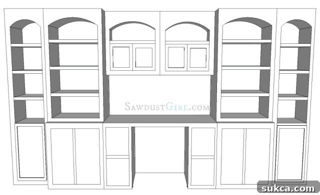 Professional design rendering of built-in desk and shelving for Kelly's living room